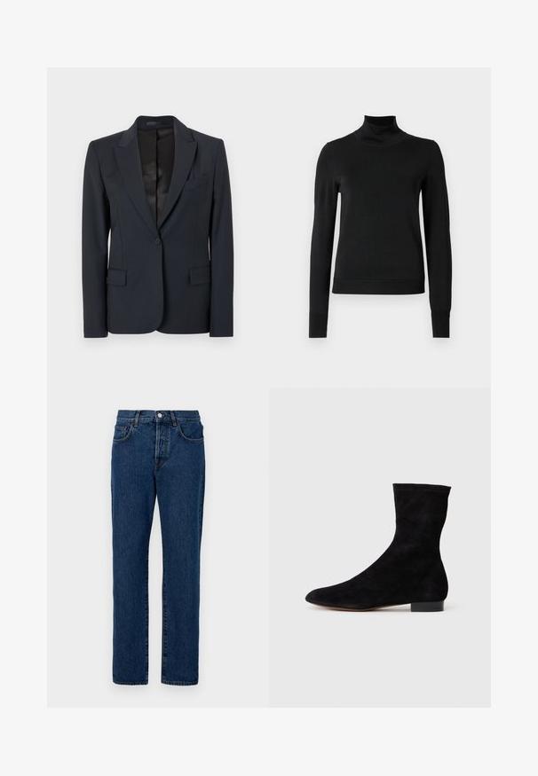 Tume meresinine bleiser, millel on struktureeritud disain, soonikuga krae, ühe nupuga kinnitamine ja kaks esikotikest. Sile kangas, millel on peen tekstuur.; Mustmusterta mustaga pikkade varrukatega kõrge kaelusega sviiter, millel on ribakudumisega mansetid ja äär, esitatud lihtsal valgel taustal.; Tumedates sinises denimis teksad, millel on klassikaline sirge jalg, viis taskut ja nähtavad õmblused. Kangas on kergelt tekstureeritud.; Musthave mustan nahast pahkluu saabas, millel on kitsas vars, terav nina ja madal plokk-konts. Pehme tekstuur ja minimalistlik disain, sobib mitmekesiseks stiliseerimiseks.