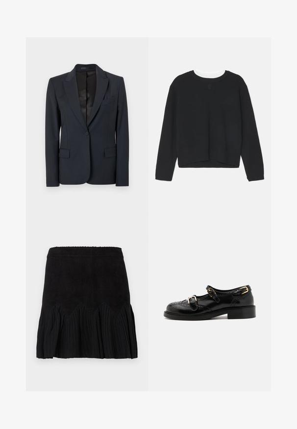 Blazer blu scuro con un design strutturato, rever a punta, chiusura con un unico bottone e due tasche frontali. Tessuto liscio con una leggera texture.; Felpa nera con maniche lunghe, scollatura a girocollo e orlo leggermente accorciato. Realizzata in un tessuto morbido, presenta un discreto dettaglio del logo sul davanti.; Gonna nera con un design testurizzato a coste e un orlo ondulato. Il tessuto ha una finitura morbida e l'elastico in vita è liscio per garantire comfort.; Scarpe in pelle nera con dettagli brogue, dotate di due cinturini con fibbia, punta arrotondata e tacco basso. Texture liscia con finitura lucida.