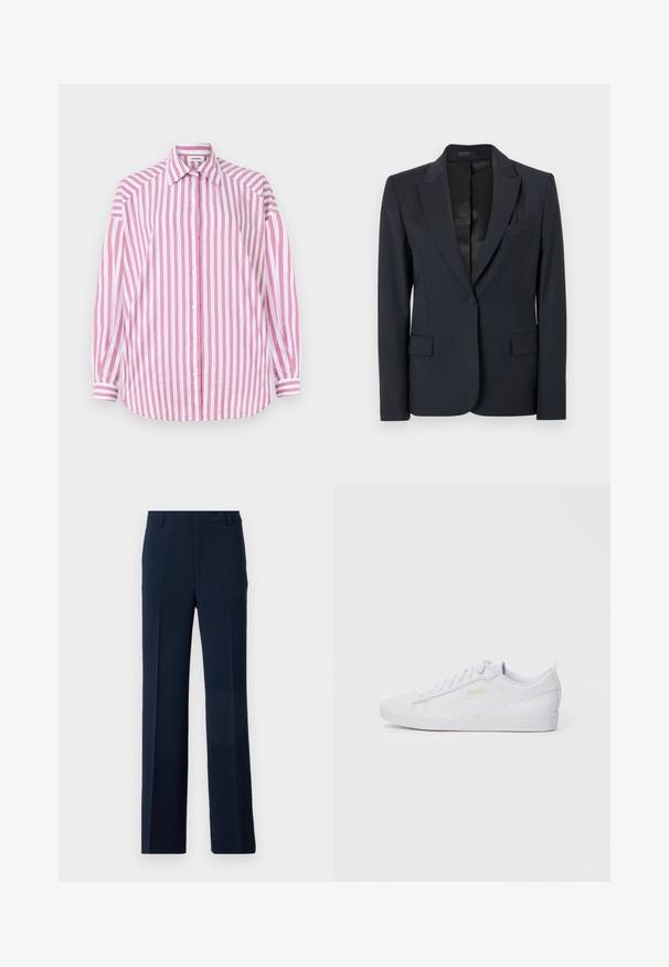 Mørkeblå blazer med en struktureret design, med både klappeslag, enkeltknaplukning og to forsæde lommer. Glat stof med en subtil tekstur.; Stribet skjorte med pink og hvide lodrette striber, lange ærmer, klassisk krave, knaplukning foran og en buet kant. Materialet er bomuld.; Mørkeblå bukser lavet af glat stof, med et lige ben design og frontfolder samt sidelommer for et skræddersyet look.; Hvide low-top Puma sneakers med snørebånd front, diskret branding på siden og sålen, samt en glat syntetisk overdel til hverdag.