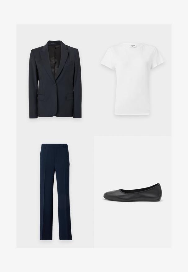 Dark navy blazer with a structured design, notched lapels, single button closure, and two front pockets. Smooth fabric with a subtle texture.; White cotton t-shirt with a crew neckline and short sleeves, featuring a relaxed fit and minimalistic design. Tag visible at the neck.; Navy blue trousers made of smooth fabric, featuring a straight leg design with front pleats and side pockets for a tailored look.; Black leather ballet flat with a rounded toe, smooth texture, minimal stitching detail, and a flexible sole design.