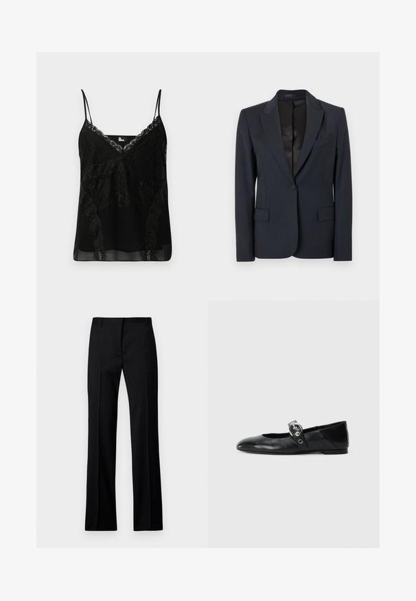 Tume meresinine bleiser, millel on struktureeritud disain, soonikuga krae, ühe nupuga kinnitamine ja kaks esikotikest. Sile kangas, millel on peen tekstuur.; Mustaline top, millel on pitsilimused kaeluses ja külgedel, kitsad reguleeritavad rihmad ning sile, kergelt läbipaistev materjal.; Mustad sirgedestikuga püksid sileda materjaliga, millel on lame eesmine osa, vöörihmade aasad ning nähtamatud taskud või dekoratiivsed elemendid.; Mustadest nahast balleti kingad terava varbaga, millel on rihm ümmarguse metallist pandlaga ja lame tald.