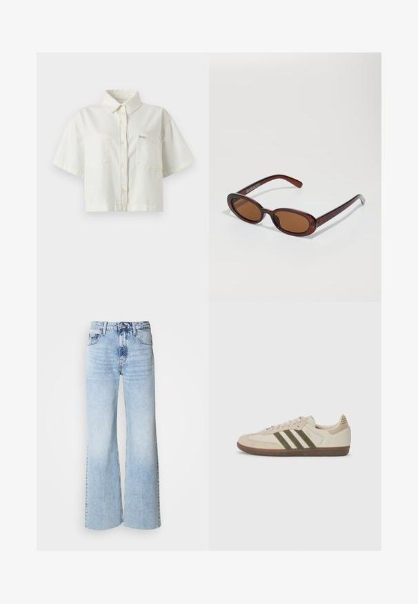 Beige jacket with a black collar, front zipper, and two large patch pockets. Features embroidered text on the left chest.; White short-sleeve collared shirt made of cotton, featuring a cropped design, two chest pockets, and a small logo label.; Light blue wide-leg jeans with faded denim texture, high waist, and classic five-pocket design. Features a button and zipper closure.; adidas Originals SAMBA OG UNISEX - Trainers - alumina/medium dark khaki/gum; Round, brown-tinted sunglasses with a glossy burgundy frame. Slim arms with subtle branding detail. Flat lens design.