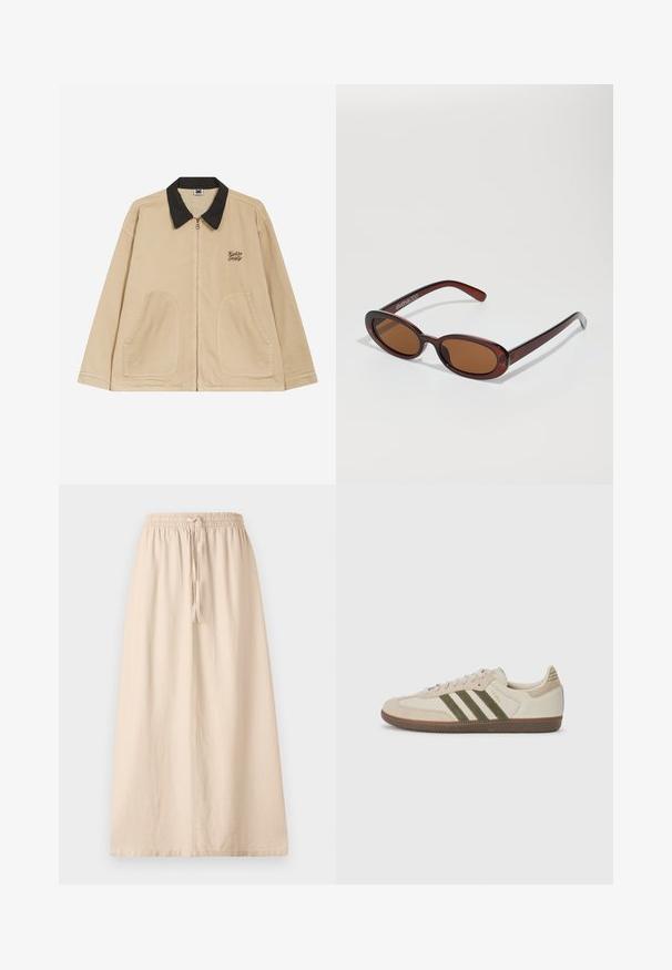 Beige jas met een zwarte kraag, ritssluiting aan de voorkant en twee grote opgestikte zakken. Bevat geborduurde tekst op de linker borst.; Witte katoenen t-shirt met een losse pasvorm, korte mouwen, ronde hals en zonder zichtbare patronen of versieringen. Gladde textuur.; Beige, enkelgevelrok gemaakt van lichtgewicht stof met een elastische tailleband en een verstelbare strik. Beschikt over een ontspannen, rechte pasvorm.; adidas Originals SAMBA OG UNISEX - Sneakers laag - alumina/medium dark khaki/gum; Ronde, bruin getinte zonnebril met een glanzend bordeauxrood frame. Slanke pootjes met subtiele merkdetails. Vlakke lensontwerp.