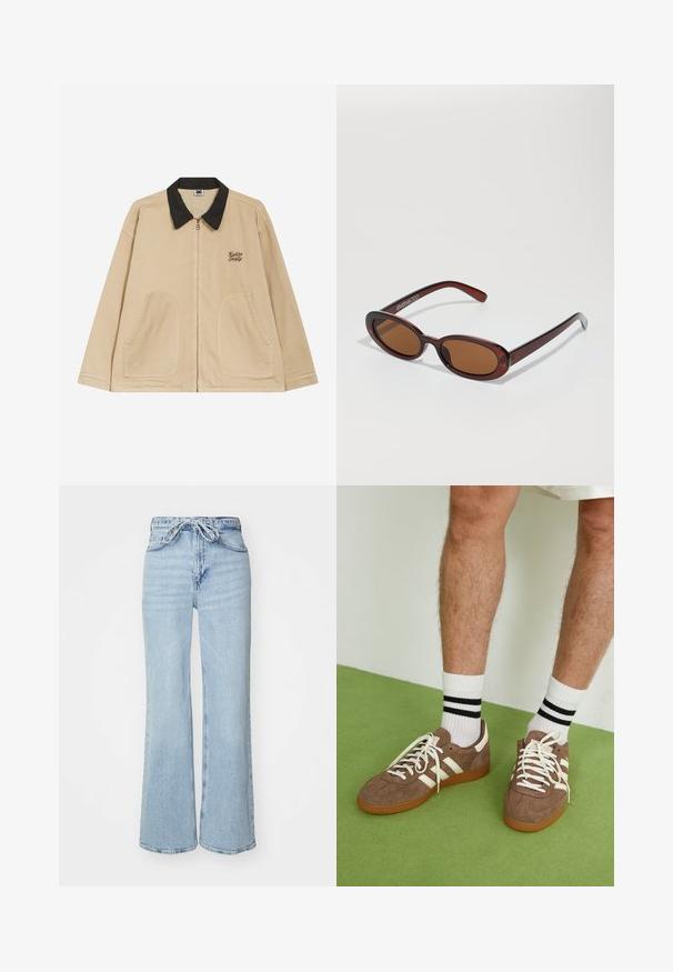 Beige jakke med svart krage, frontglidelås og to store lommer. Har brodert tekst på venstre bryst.; Hvit bomulls t-skjorte med avslappet passform, kort erme, rund hals og uten synlige mønstre eller dekorasjoner. Glatt tekstur.; Lys blå denimjeans med bred benform, høy midje og snorforbindelse. Har en teksturert finish og rå kant.; Brune mokkasko med hvite detaljer og snøring. Gummisåle. Brukt med hvite sokker med svarte striper. Grønn teksturert gulv.; Runde, brune solbriller med en blank burgunderfarvet ramme. Slanke arme med subtile brandingdetaljer. Flad linse design.
