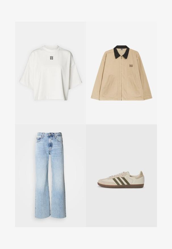 Beige jacket with a black collar, front zipper, and two large patch pockets. Features embroidered text on the left chest.; White cropped t-shirt made of soft fabric, featuring a round neckline and short, wide sleeves. Centered black "HUGO" logo in bold.; Light blue wide-leg jeans with faded denim texture, high waist, and classic five-pocket design. Features a button and zipper closure.; adidas Originals SAMBA OG UNISEX - Trainers - alumina/medium dark khaki/gum