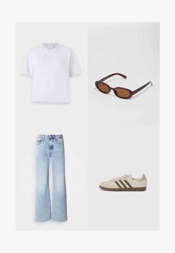 Beige takki, jossa on musta kaulus, etuvetoketju ja kaksi suurta läppätaskua. Vasemmassa rinnassa on brodeerattu teksti.; Valkoinen puuvillapaita, jossa on rento istuvuus, lyhyet hihat, pyöreä kaula-aukko ja ei näkyviä kuvioita tai koristeita. Suunnattoman sileä pinta.; Vaaleansiniset leveät farkut, joissa on haalistunut denim-texut, korkea vyötärö ja klassinen viisi taskua -malli. Varustettu nappi- ja vetoketjukiinnityksellä.; adidas Originals SAMBA OG UNISEX - Matalavartiset tennarit - alumina/medium dark khaki/gum; Pyöreät, ruskehtavat aurinkolasit, joissa on kiiltävä burgundinpunainen runko. Kapeat sivut, joissa on hienovarainen brändäys. Litteät linssit.