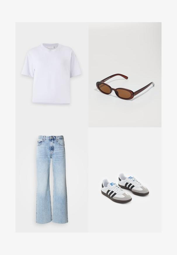 Beež jakk musta kraega, esifigi, ja kahe suure plaastri taskuga. Vasakul rinnal on tikitud tekst.; Valge puuvillane T-särk, millel on mugav lõige, lühikesed varrukad, ümmargune kaelus ja ilma nähtavate mustrite või kaunistusteta. Sile tekstuur.; Heledad sinine laiad püksid, millel on kulunud denimi tekstuur, kõrge vöökoht ja klassikaline viie taskuga disain. Omab nööbi ja lukuga kinnitamist.; Spordijalatsid valge nahkpealsega, halli nubuk-naha otsaga ja kolme musta triibuga. Omab sinist logo keele peal ja struktureeritud kummitalda.; Ümar, pruunikased päikeseprillid läikiva burgundia raami ja peente kaubamärgi detailidega. Peened sangad ja lame läätsedesain.
