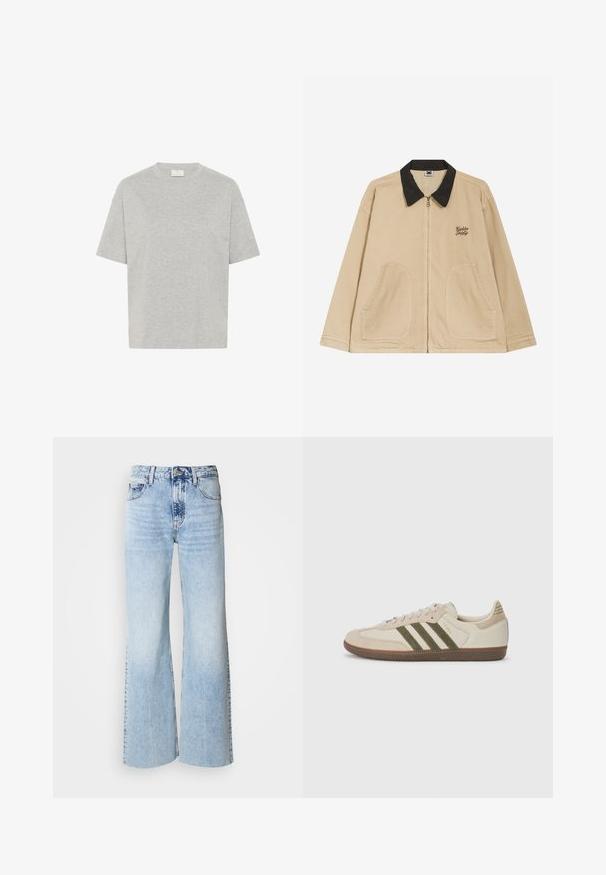 Beige Jacke mit schwarzem Kragen, Frontreißverschluss und zwei großen aufgesetzten Taschen. Verfügt über gestickten Text auf der linken Brust.; Kaffe TOMINA - T-Shirt basic - grey melange; Helle blaue, weite Jeans mit verblasster Denim-Textur, hoher Taille und klassischem Fünf-Taschen-Design. Mit Knopf- und Reißverschluss.; adidas Originals SAMBA OG UNISEX - Sneaker low - alumina/medium dark khaki/gum