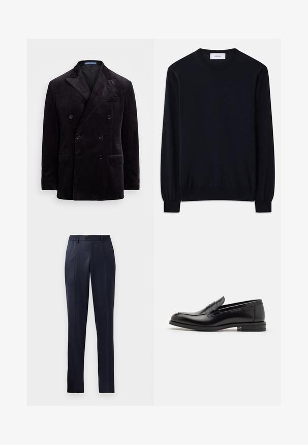 Sötét bársonyból készült, kétsoros blézer csúcsos hajtókákkal, négy fekete gombbal és zsebkendő zsebekkel a Polo Ralph Laurentól.; Fekete kereknyakú pulóver sima kötött anyagból. Hosszú ujjak szűk mandzsettával és laza illeszkedés a testtől.; Sötétkék nadrág egyenes szárú fazonnal, elasztikus derékrésszel, sima előlappal és egy gombos zárással. Sima szövettextúra.; Fekete bőr loaferek sima textúrával, kerek orral és dekoratív pánttal a vampnál. Alacsony, rétegelt sarkú, minimalista dizájn.