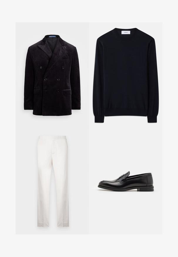 Blazer doppiopetto in velluto scuro con rever a punta, quattro bottoni neri e tasche con pattina di Polo Ralph Lauren.; Maglione nero a girocollo realizzato in un tessuto a maglia liscia. Maniche lunghe con polsi aderenti e vestibilità rilassata su tutto il corpo.; Pantaloni tailored beige chiaro con una texture liscia, gambe dritte, parte frontale piatta e dettagli di cucitura minimi. Nessuna tasca visibile.; Mocassini neri in pelle con una texture liscia, punta arrotondata e una striscia decorativa sulla tomaia. Tacco basso impilato, design minimalista.