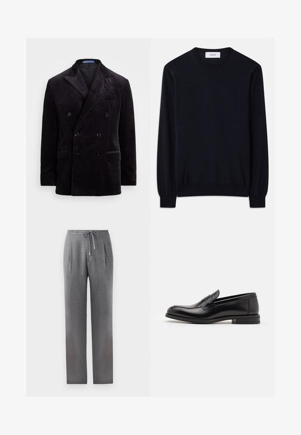 Double-breasted dark velvet blazer with peak lapels, four black buttons, and flap pockets by Polo Ralph Lauren.; Black crew neck sweater made from a smooth knit fabric. Long sleeves with fitted cuffs and a relaxed fit throughout the body.; Gray, tailored trousers with a drawstring waist, pleats, and straight legs. Fabric texture is smooth, with a subtle patterned finish.; Black leather loafers with a smooth texture, rounded toe, and a decorative strap across the vamp. Low stacked heel, minimalist design.