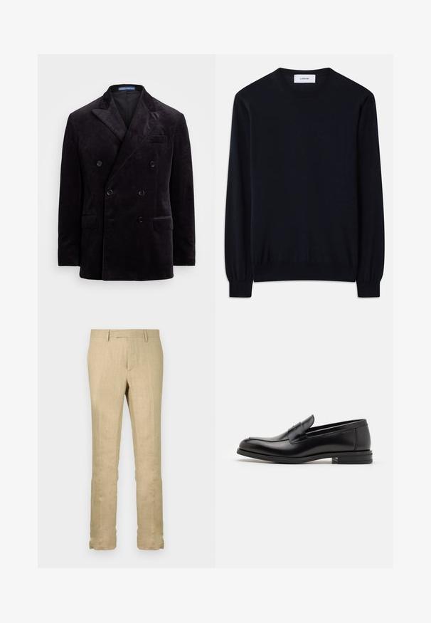 Tamsus aksominis dvigubas švarkas su aukštomis atlapomis, keturiais juodais mygtukais ir kišenėmis su atvrėmimu, prekės ženklas Polo Ralph Lauren.; Juodas apvalios iškirptės megztinis, pagamintas iš lygios megztos medžiagos. Ilgos rankovės su priglundančiais manžetais ir laisvas siluetas visame kūne.; Bežinės lininės kelnės, tiesaus kirpimo, lengvas audinys su subtilia tekstūra, su standartiniu juosmeniu ir be matomų raštų.; Juodos odinės loafers, turinčios lygų paviršių, apvalią noselę ir dekoratyvinę juostą per priekinę dalį. Žemas krentantis kulnas, minimalistinis dizainas.