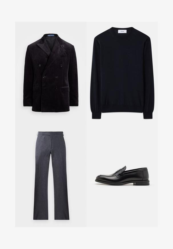 Blazer din catifea întunecată, cu două rânduri de nasturi, guler cu vârfuri, patru nasturi negri și buzunare cu clapă, de la Polo Ralph Lauren.; Pulover negru cu guler rotund, fabricat dintr-un material tricotat fin. Mâneci lungi cu manșete ajustate și o croială lejeră pe toată lungimea corpului.; Pantaloni gri, croiți, fabricați dintr-un material texturat, având un croi drept, o pliantă subtilă și bucle laterale pentru prinderea curelei.; Mocasini din piele neagră cu o textură netedă, vârf rotund și o curea decorativă peste partea superioară. Toc mic, design minimalist.