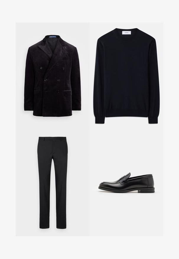 Dvojité sako z tmavého sametu s špičatými klopami, čtyřmi černými knoflíky a kapsami s klapkou od Polo Ralph Lauren.; Černý svetr s kulatým výstřihem vyrobený z hladkého pleteného materiálu. Dlouhé rukávy s úzkými manžetami a volný střih po celém těle.; Černé kalhoty s přizpůsobeným střihem, rovné nohavice, standardní poutka na opasek a hladká textura. Žádné viditelné vzory nebo kovové části.; Černé kožené polobotky s hladkou texturou, zaoblenou špičkou a zdobným páskem přes nárt. Nízký stohovaný podpatek, minimalistický design.