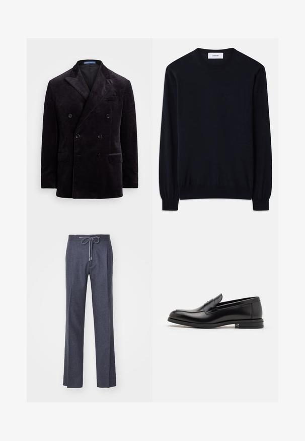Tamsus aksominis dvigubas švarkas su aukštomis atlapomis, keturiais juodais mygtukais ir kišenėmis su atvrėmimu, prekės ženklas Polo Ralph Lauren.; Juodas apvalios iškirptės megztinis, pagamintas iš lygios megztos medžiagos. Ilgos rankovės su priglundančiais manžetais ir laisvas siluetas visame kūne.; LARDINI Kelnės - grey; Juodos odinės loafers, turinčios lygų paviršių, apvalią noselę ir dekoratyvinę juostą per priekinę dalį. Žemas krentantis kulnas, minimalistinis dizainas.