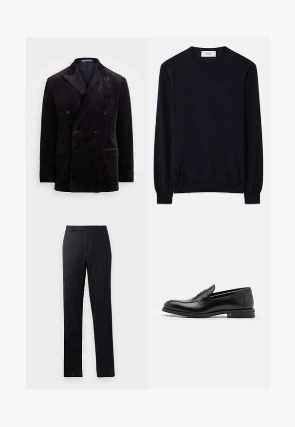 Sötét bársonyból készült, kétsoros blézer csúcsos hajtókákkal, négy fekete gombbal és zsebkendő zsebekkel a Polo Ralph Laurentól.; Fekete kereknyakú pulóver sima kötött anyagból. Hosszú ujjak szűk mandzsettával és laza illeszkedés a testtől.; Fekete nadrág egyenes szárú dizájnnal, sima textúrával és lapos derékkal, amely alkalmas formális vagy hétköznapi viseletre.; Fekete bőr loaferek sima textúrával, kerek orral és dekoratív pánttal a vampnál. Alacsony, rétegelt sarkú, minimalista dizájn.