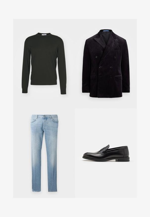 Dvojité sako z tmavého sametu s špičatými klopami, čtyřmi černými knoflíky a kapsami s klapkou od Polo Ralph Lauren.; LARDINI MAGLIA UOMO - Svetr - black; Světle modré džíny s rovnými nohavicemi, jemným vyblednutím, pěti kapsami a zapínáním na knoflík v pase.; Černé kožené polobotky s hladkou texturou, zaoblenou špičkou a zdobným páskem přes nárt. Nízký stohovaný podpatek, minimalistický design.
