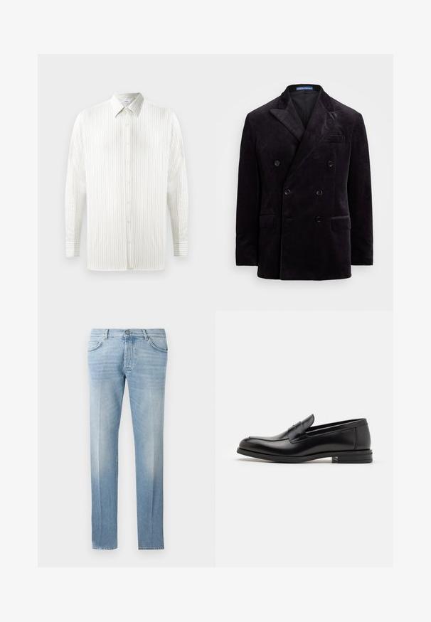 Dvojradový tmavý sametový blazer s vrcholovými klopami, štyrmi čiernymi gombíkmi a klopovými vreckami od Polo Ralph Lauren.; Biela košeľa s dlhými rukávmi, tenké vertikálne pruhy, zapínanie na gombíky, špicatý golier a detaily na manžetách. Vyrobená z ľahkej látky.; Svetlomodré džínsy s rovnými nohavicami, jemným vyblednutím, dizajnom s piatimi vreckami a zapínaním na gombík v páse.; Čierne kožené mokasíny s hladkou textúrou, zaoblenou špičkou a dekoračným pásikom cez priehlavok. Nízky vrstvený opätok, minimalistický dizajn.
