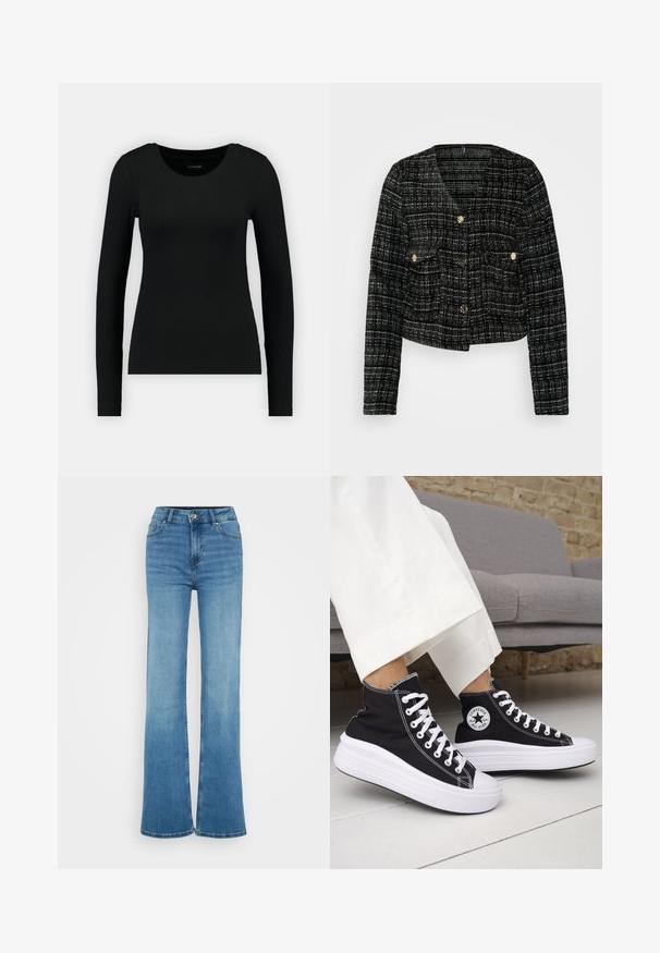 Fekete-fehér kockás dzseki, amelynek rövidített fazonja van, arany gombokkal, két elülső zsebbel és texturált anyagból készült.; Fekete, hosszú ujjú, bordázott anyagból készült póló. Kerek nyakkivágással és testhezálló fazonnal rendelkezik. Egyszerű dizájn, minták vagy díszítések nélkül.; Magasan szabott, kék farmer, harang szabású, sima textúrával, elülső zsebvarrással és nyers széllel a széles szárnyú nyílásokban.; Fekete magas szárú tornacipők fehér gumitalppal és fűzővel. Kör alakú logófolttal és kontrasztos fehér varrással. Vászon anyagból.