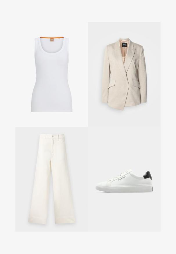 Beige räätälöity takki, joka on valmistettu teksturoidusta kankaasta ja jossa on yksittäinen nappikiinnitys, viistot kaulukset ja kaksi etutaskua. Sisäpuolella satiinivuori.; Valkoinen ribattu hihaton paita, jossa on pyöreä pääntie. Paidan sisäkauluksessa on kontrastina oranssi yksityiskohta, ja se on vartalonmyötäinen.; Suorat lahkeet vaaleasta beige puuvillasta. Korkea vyötärö, etutaskut ja suora leikkaus. Siisti helman viimeistely ilman kuvioita.; Valkoiset tennarit, joissa on sileä pinta, musta kantapääkorostus ja nauhakiinnitys. Sivulla on "Calvin Klein" -brändäys. Minimalistinen tyyli.