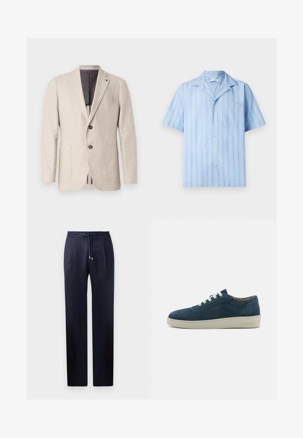 Beežist linast jakk, millel on kaks eesmist taskut, kaks nööpi, sälkidega krae ja mustriline tumehall vooder. Puhtad jooned ja tekstuuriga kangas.; Hele sinine lühikeste varrukatega särk, vertikaalsete valgete triipudega, nööbid ees ja rinnaesine tasku. Valmistatud sujuvast ja kergest kangast.; Tumed sinised püksid lõdva lõikega, elastne vöökoht ja paelaga sulgemine. Omab kahte esist plisseed ja sirgeid jalgu ilma taskuteta.; Sinine sametist tennis, ümarate varvastega, valgete paeltega ja kummist tallaga. Omab peeneid tikandeid ja bränditud aktsenti külgedel.