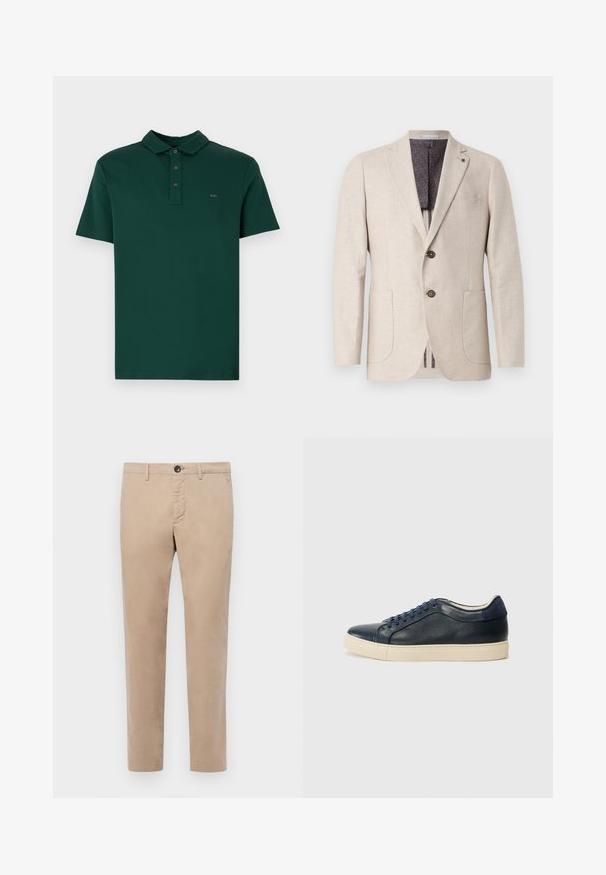 Béžový ľanový blazer s dvoma prednými vreckami, dvoma gombíkmi, výstrihom s klopami a vzorovanou tmavosivou podšívkou. Čistý dizajn a textilná tkanina.; Michael Kors SLEEK NEW - Základné tričko - dark emerald; Bežové bavlnené nohavice so štíhlym strihom, s rozopínaním na zips, zapínaním na gombík a bočnými vreckami. Hladká textúra a prispôsobený strih.; Námornícky modré kožené tenisky s krémovou gumovou podrážkou, s modrými šnúrkami a hladkým povrchom. Okrúhla špička a minimalistický dizajn.