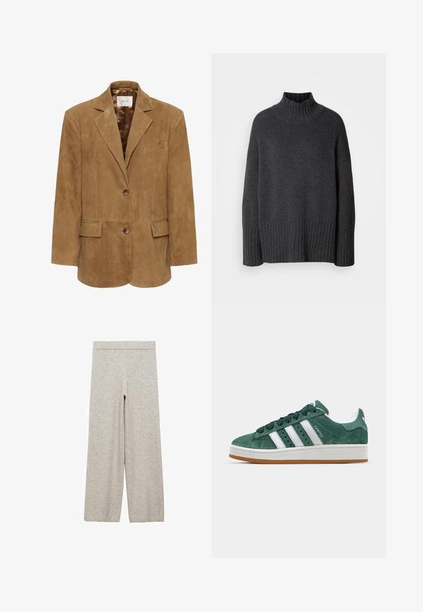 Hnědý semišový blejzr s klopovým límcem, zapínáním na jeden knoflík, dvěma předními kapsami a elegantním střihem. Hladká podšívka.; Tmavě šedý rolák vyrobený z žebrovaného úpletu. Má široké žebrování na lemu a manžetách a volný, oversized střih.; Světle šedé kalhoty s širokými nohavicemi vyrobené z měkké látky s žebrovaným pasem, se hladkým povrchem a bez viditelných vzorů.; Zelené semišové tenisky s bílými koženými pruhy, gumovou podrážkou, polstrovaným límcem a minimalistickým designem. Na boku se nachází logo značky.