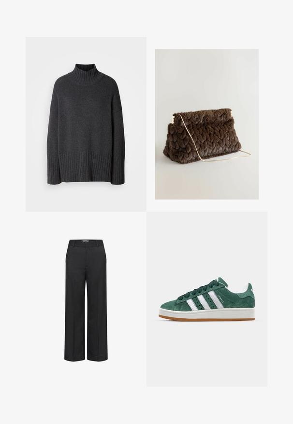 Brązowa skórzana marynarka z wyciętym kołnierzem, z pojedynczym zapięciem na guzik, dwoma przednimi kieszeniami i smukłą sylwetką. Gładka podszewka wewnętrzna.; Ciemnoszara wełniana bluzka z golfem wykonana z prążkowanej dzianiny. Posiada szerokie prążkowanie u dołu i na mankietach oraz luźny, oversize'owy krój.; Szerokie spodnie w ciemnoszarym kolorze, wykonane z teksturowanej tkaniny. Posiadają gładki pas i zagięcie z przodu, co nadaje im elegancki wygląd.; Zielone zamszowe trampki z białymi skórzanymi paskami, gumową podeszwą, wyściełanym kołnierzem i minimalistycznym wzornictwem. Posiadają branding z boku.; Brązowa torebka kopertówka z futerka syntetycznego, o pikowanej teksturze, złotym łańcuszku i eleganckim, prostokątnym kształcie. Idealna na formalne okazje.