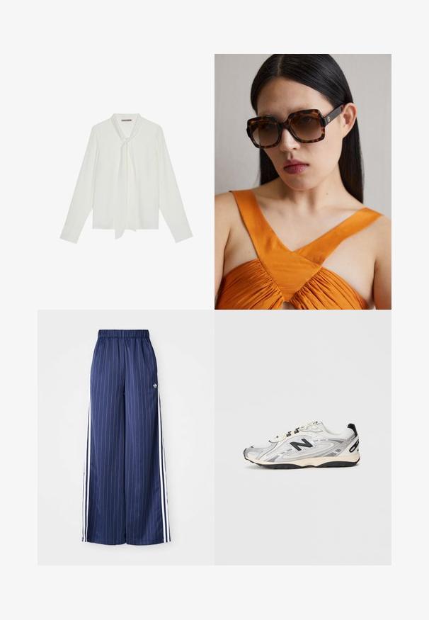 Blazer im Hahnentritt-Muster in Grau und Schwarz, einreihig mit Reverskragen, drei Knöpfen und zwei vorderen Taschen. Gefüttert.; Rosa Strickjacke mit rundem Ausschnitt, langen Ärmeln und gerippten Bündchen. Besitzt eine durchgehende Knopfleiste und eine glatte, gestrickte Textur.; Weiße Bluse mit langen Ärmeln aus glattem Stoff, mit einer Schleife am Kragen und taillierten Manschetten. Schlichtes, klassisches Design ohne Muster.; Navyblaue, weit geschnittene Hose mit vertikalen weißen Streifen, elastischem Bund und drei weißen Streifen an jeder Seite, aus leichtem Material gefertigt.; Grauer und weißer Sportschuh mit abgerundeter Zehe, aus Mesh- und Synthetikmaterialien, schwarzen Akzenten und einer strukturierten Gummisohle.; Braune Schildkrötensonnenbrille im Übergrößenformat mit einem breiten rechteckigen Rahmen und gefärbten Gläsern. Goldfarbenes Logo-Detail an der Seite.