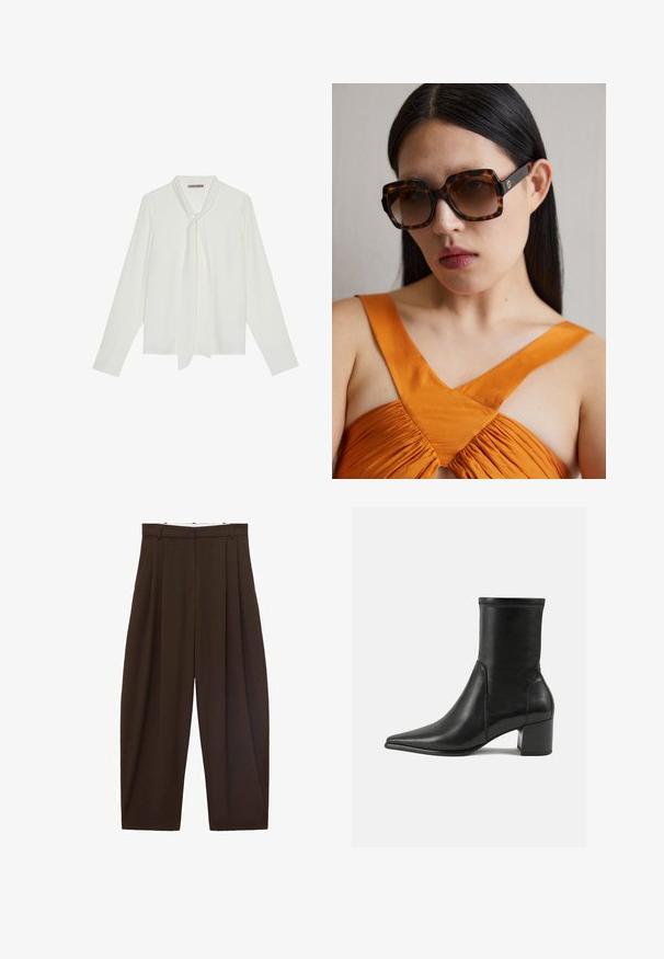 Saka s vzorem houndstooth v šedé a černé barvě, jednopřesné s klopovými límci, třemi knoflíky a dvěma předními kapsami. Podšívka uvnitř.; Růžový kardigan s kulatým výstřihem, dlouhými rukávy a pruhem na manžetách. Obsahuje zapínání na knoflíky vpředu a hladkou pletenou texturu.; Bílá halenka s dlouhým rukávem vyrobená z hladkého materiálu, s kravatou u krku a přizpůsobenými manžetami. Jednoduchý, klasický design bez vzorů.; Hnědé kalhoty s vysokým pasem a sklady, vyrobené z hladké látky. Volný střih, rovné nohavice, obsahující poutka na opasek a zip.; Černé kožené kotníkové boty s hladkým povrchem, špičatou špičkou, blokovým podpatkem a výrazným vyvýšeným šitím na horním okraji.; Hnědé želvovinové sluneční brýle v oversize stylu s širokým obdélníkovým rámem a gradientními skly. Zlatý logo detail na boku.