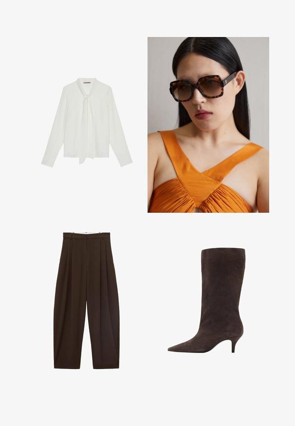Blazer im Hahnentritt-Muster in Grau und Schwarz, einreihig mit Reverskragen, drei Knöpfen und zwei vorderen Taschen. Gefüttert.; Rosa Strickjacke mit rundem Ausschnitt, langen Ärmeln und gerippten Bündchen. Besitzt eine durchgehende Knopfleiste und eine glatte, gestrickte Textur.; Weiße Bluse mit langen Ärmeln aus glattem Stoff, mit einer Schleife am Kragen und taillierten Manschetten. Schlichtes, klassisches Design ohne Muster.; Braune, hoch taillierte Hose mit Falten, aus glattem Stoff. Lässige Passform, gerade Beinform, mit Gürtelschlaufen und Reißverschluss.; Braune Wildleder-Stiefel bis zum Knie mit spitzem Fuß und mittelhohem Absatz, die eine glatte Textur und ein elegantes Design aufweisen.; Braune Schildkrötensonnenbrille im Übergrößenformat mit einem breiten rechteckigen Rahmen und gefärbten Gläsern. Goldfarbenes Logo-Detail an der Seite.; Braune Wildleder-Handtasche mit einem langen Ledertrageriemen, silberner Hardware, rechteckiger Form und einem flachen Deckel mit einer zentralen Verzierung.