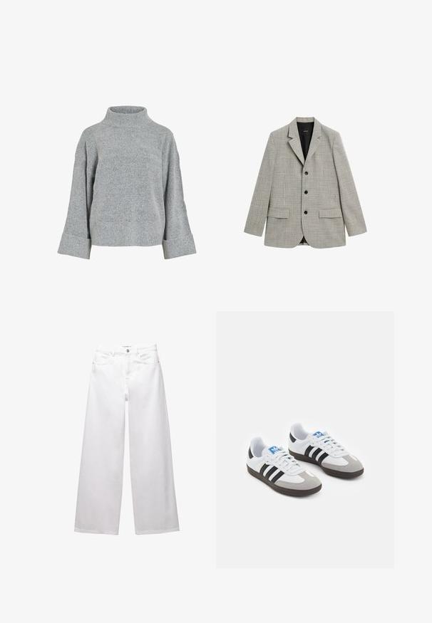 Marynarka w wzór houndstooth w odcieniach szaro-czarnych, jednorzędowa z klapami, na trzy guziki, z dwoma przednimi kieszeniami. Podszewka.; Szary sweter z dzianiny z wysokim kołnierzem, szerokimi rękawami i teksturowanym materiałem. Posiada luźny fason oraz prążkowane wykończenia przy mankietach i dolnym brzegu.; Białe dżinsy w stylu wide-leg wykonane z denimu. Posiadają zapięcie na guzik, kieszenie z przodu i z tyłu oraz przeszycia. Gładka tekstura z minimalnymi detalami.; Buty sportowe z białą skórzaną cholewką, szarym zamszowym noskiem i trzema czarnymi paskami. Posiadają niebieskie logo na języku oraz teksturowaną gumową podeszwę.