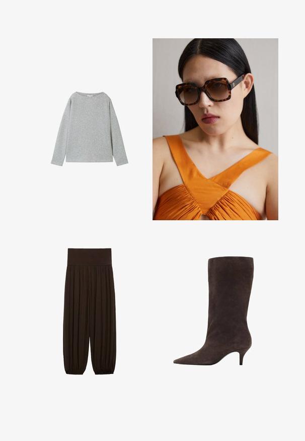 Saka s vzorem houndstooth v šedé a černé barvě, jednopřesné s klopovými límci, třemi knoflíky a dvěma předními kapsami. Podšívka uvnitř.; Světle šedý svetr s dlouhým rukávem vyrobený z ribbrované tkaniny. Má široký výstřih a volný střih. Spodní lem a manžety jsou zpracovány jednoduchým stehem.; Hnědé plisované kalhoty se širokým elastickým pasem. Materiál je lehký a strukturovaný, s nařasenými lemy na manžetách.; Hnědé semišové vysoké boty po kolena s špičatou špičkou a středně vysokým podpatkem, s hladkou texturou a elegantním designem.; Hnědé želvovinové sluneční brýle v oversize stylu s širokým obdélníkovým rámem a gradientními skly. Zlatý logo detail na boku.