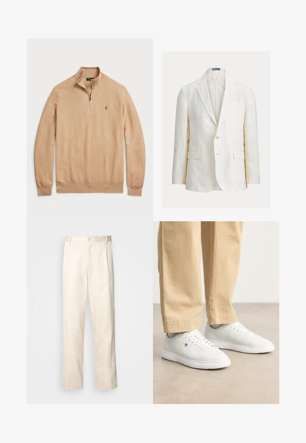 Lina žakete gaiši krēmkrāsā ar vienu pogu, iegriezuma atloki un divām priekšējām kabatām. Iekļautas smalkas šuvju detaļas.; Bežs džemperis ar rāvējslēdzēju, izgatavots no teksturētas adīšanas auduma, ar ribotām piedurknēm un apakšmalu; uz krūtīm ir neliels logotips.; Bežā krāsā auduma bikses ar taisnu kāju griezumu, pievienotām pogu aizdares un priekšējiem krokām papildu detaļām.; Baltas ādas sporta apavi ar gludu virsmu, apaļo purngalu, auklīnēm un smalku logotipa detaļu sānos, kombinēti ar bēšām biksēm.