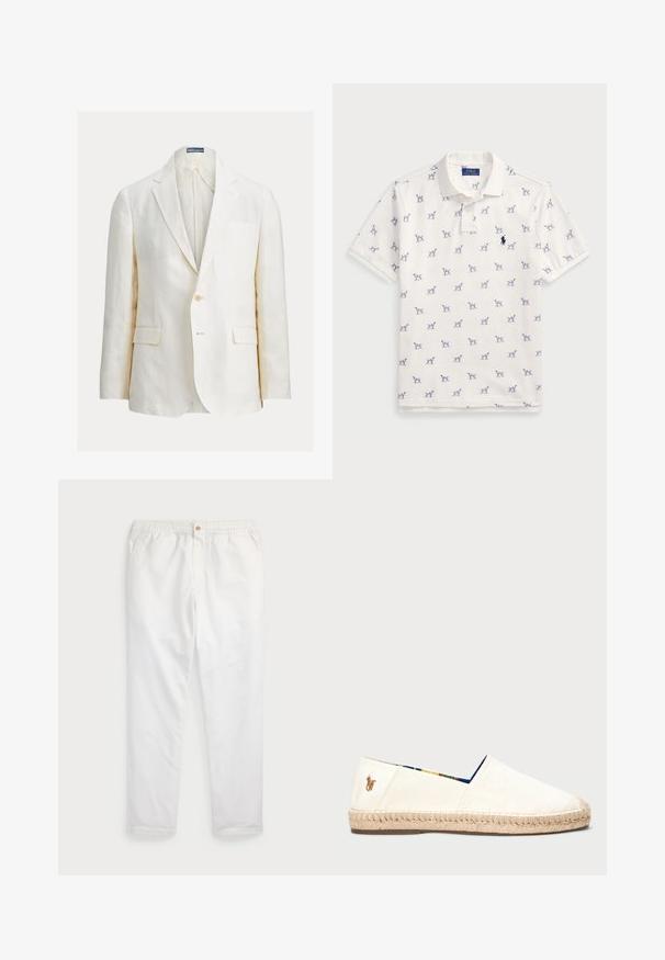 Blazer din in cu nuanță off-white, cu închidere cu un singur nasture, revere decupate și două buzunare frontale. Prezintă o cusătură subtilă ca detaliu.; Tricou polo alb din bumbac, cu un model repetat de câini albaștri și un mic logo albastru pe piept. Mâneci scurte și guler.; Pantaloni albi din bumbac cu un tiv elastic la talie, dotat cu un singur buton aurit, design drept, textură netedă și fără modele vizibile.; Espadrile din pânză de culoare off-white cu talpă din sfoară. Prezintă o căptușeală cu un model albastru și un mic logo brodat pe călcâi.