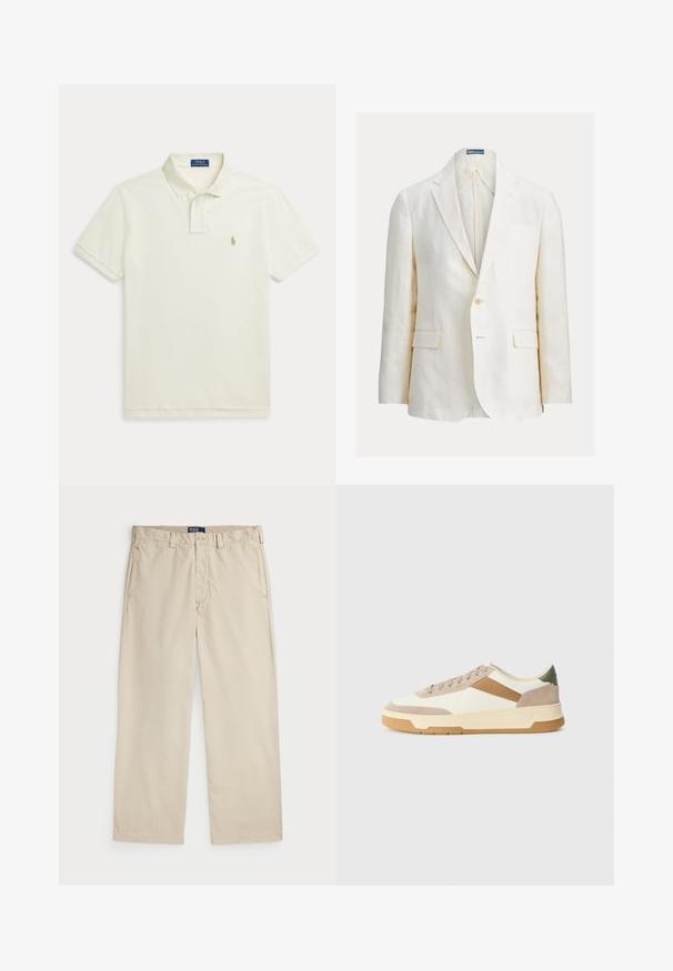 Linen blazer in off-white with a single button closure, notched lapels, and two front pockets. Features a subtle stitch detailing.; Short-sleeve polo shirt in off-white cotton, featuring a classic collar, two-button placket, and small embroidered logo on the chest.; Beige cotton chinos with a straight leg design, featuring a button closure and two front pockets. Smooth texture and solid color.; Sneakers in beige, cream, and olive green, featuring suede and leather materials, a round toe, minimalistic design, and a rubber sole.