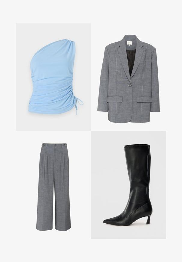Sivi sako od teksturirane tkanine s bijelim šavovima, dva prednja džepa i zatvaranje na jedan gumb. Podstava unutrašnjosti u crnoj boji.; Svijetloplava bluza s jednim ramenom izrađena od mekog materijala. Ima nabran detalj sa strane i podesivu vezicu na rubu. Glatka tekstura.; Sive široke hlače izrađene od teksturirane tkanine, s dvostrukim dugmetom i prednjim plisiranim detaljima za dodatni dizajn.; Crne kožne čizme do koljena s uskim vrhom i umjerenim potplatom. Glatka tekstura i elegantan dizajn s suptilnim detaljima šavova.