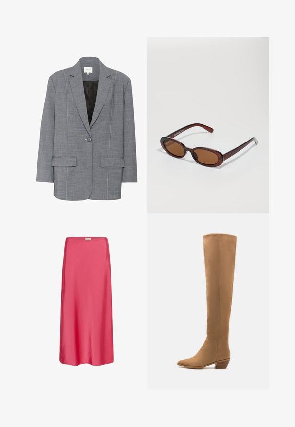 Grå blazer lavet af strukturstof med hvid syning, to frontlommer og en enkelt knaplukning. Fodret inderside i sort.; Hvid tanktop lavet af letvægtsstof. Har en rund halsudskæring og brede armhuller, med en glat tekstur og minimalistisk design.; Rosa satin midi-nederdel med en glat tekstur, afslappet pasform og en subtil elastisk talje, der giver en flydende silhuet.; Knæhøje lysebrune støvler lavet af et glat materiale med spids tå og en lav, stabile hæl. Simpelt design, ingen synlige mønstre eller detaljer.; Runde, bruntonede solbriller med en glansfuld bordeauxramme. Slanke arme med diskret brandingdetalje. Flad linsedesign.; Beige struktureret håndtaske med en V-formet top, glat lædermateriale, korte håndtag og et langt justerbart rem. Minimalistisk design.