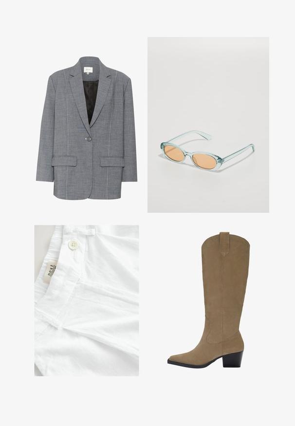 Blazer grigio realizzato in tessuto testurizzato con cuciture bianche, due tasche anteriori e chiusura a un bottone. Interno foderato in nero.; Top senza maniche di un rosa chiaro realizzato in tessuto elasticizzato, con un design arricciato sui lati e un colletto a halter con scollatura profonda.; Pantaloni bianchi realizzati in un tessuto leggero, con chiusura a bottone, vita piatta e un'etichetta che dice "next". Texture liscia e senza motivi.; Stivali in suede color cammello al ginocchio con punta a punta, tacco impilato e dettaglio di cuciture lungo i lati. Texture liscia e design strutturato.; Occhiali da sole blu chiaro con montatura ovale e lenti arancioni. Le aste trasparenti hanno bordi lisci e una leggera curvatura.; Collana in oro con perle bianche e conchiglie decorative, tra cui una stella marina, con una combinazione di superfici a trama e lisce.