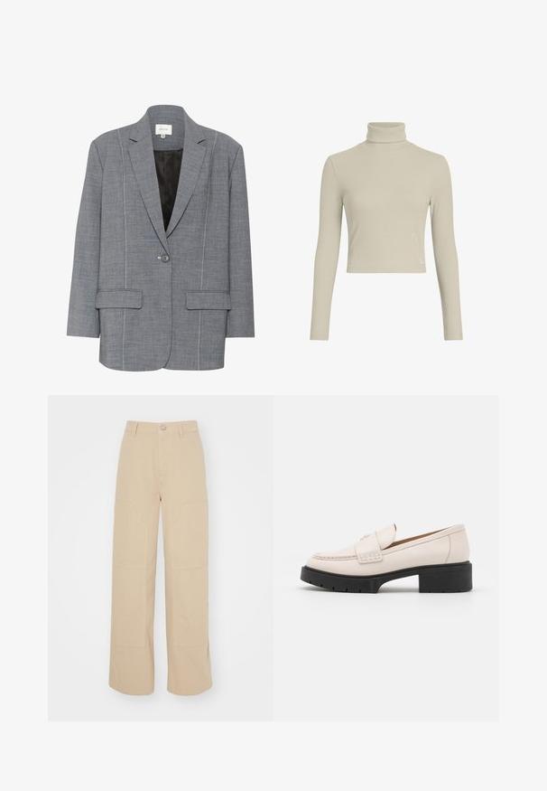 Grijze blazer van gestructureerde stof met witte stiksels, twee voorkinonken en een enkele knoopsluiting. Gevoerde binnenkant in zwart.; Lichtbeige geribde coltrui met lange mouwen en een strakke pasvorm. Heeft een subtiele logo-label op de zoom. Glad textuur.; Beige flared broek gemaakt van katoen. Heeft twee grote voorkruiden en een metalen knoopsluiting bij de tailleband. Gladde textuur.; Lichtbeige leren loafers met een gestikte voorkant en een textuur met een zwarte plateauhak. Beschikt over een gebogen ontwerp en een lichte verhoging.