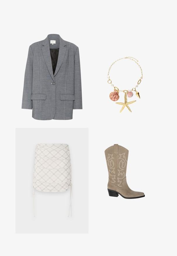 Grau blazer aus strukturierter Stoff mit weißen Nähten, zwei vorderen Taschen und einem einzigen Knopfverschluss. Gefüttertes Innenfutter in Schwarz.; Weißes T-Shirt mit kurzen Ärmeln aus Baumwolle. Hat einen Rundhalsausschnitt und eine lockere Passform. Glatte Textur ohne sichtbare Muster oder Akzente.; Raffinierter Minirock in Creme mit grauem und beigem Karomuster. Verfügt über verstellbare Seitenschnüre und einen glatten, strukturierten Stoff.; PULL&BEAR Cowboy-/Bikerboot - taupe; Goldene Halskette mit weißen Perlen und dekorativen Muscheln, einschließlich eines Seesterns, mit einer Mischung aus strukturierten und glatten Oberflächen.