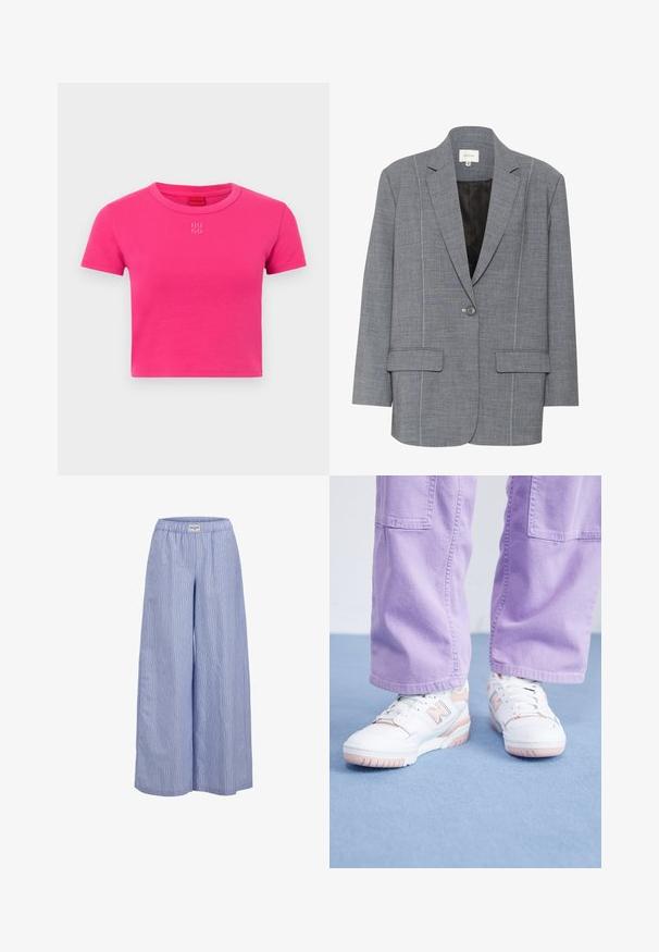 Gray blazer made of textured fabric with white stitching, two front pockets, and a single button closure. Lined interior in black.; Fitted, short-sleeve t-shirt in vivid pink cotton. Features a round neckline and subtle white "HUGO" logo embroidered on the front.; Light blue wide-leg trousers with a vertical striped pattern, made of crisp fabric, featuring an elastic waistband for comfort.; White sneakers with pink accents, textured leather upper, and rubber sole, paired with light purple wide-leg pants on a blue surface.