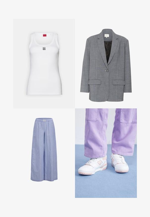 Szary żakiet wykonany z teksturowanej tkaniny z białymi szwami, dwoma przednimi kieszeniami i zapięciem na pojedynczy guzik. Wnętrze podszewki w kolorze czarnym.; Biała koszulka na ramiączkach wykonana z bawełny, charakteryzująca się prostym designem, zaokrąglonym dekoltem i czarnym logo "HUGO" na środku. Gładka faktura.; Jasnoniebieskie szerokie spodnie w pionowe paski, uszyte z sztywnej tkaniny, z elastycznym pasem dla wygody.; Białe sneakersy z różowymi akcentami, z teksturowanej skórzanej cholewki i gumowej podeszwy, połączone z jasnofioletowymi szerokimi spodniami na niebieskiej powierzchni.