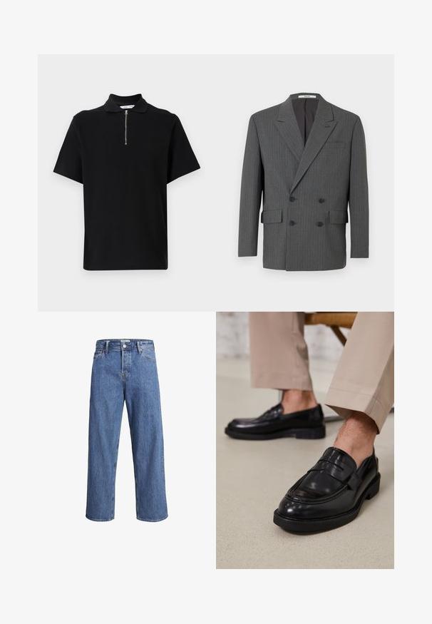 Donkergrijze dubbelgeknoopte blazer met subtiele verticale stiksels, drie zwarte knopen aan elke kant en voorzakken met klep.; Zwarte polo met korte mouwen, gemaakt van zachte stof, met een ritssluiting op de kraag en een schone, minimalistische uitstraling zonder extra patronen.; Lichtblauwe denimjeans met een recht model, hoge taille en minimale stiksels. De stof heeft een zachte, licht vervaagde textuur.; Zwarte leren loafers met een gladde afwerking, voorzien van een decoratieve band en contrasterende stiksels, gecombineerd met beige broeken.