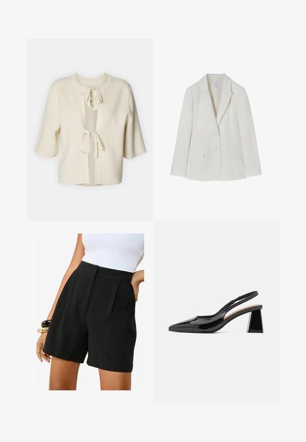 White tailored blazer with a notched lapel, two front pockets, and two-button closure. Smooth fabric with subtle texture. Size 36.; Short-sleeved, open-front cardigan in soft, cream-colored fabric with a ribbed texture and two tie closures at the neck.; Black and white sports bralette with adjustable straps, a fitted design, and a crisscross back detail. Made of stretchy, textured material.; Friends Like These REGULAR FIT - TAILORED ELASTIC BACK - Shorts - black; Black patent slingback heels with a pointed toe, featuring a unique geometric block heel and a smooth texture. Adjustable strap for support.