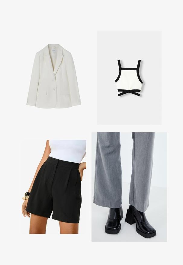 Blazer alb croit cu rever în formă de U, două buzunare frontale și închidere cu două butoane. Tesătură netedă cu o textură subtilă. Mărimea 36.; Bralette sportiv alb-negru, cu bretele ajustabile, design ajustat și detaliu din spate în cruce. Fabricat dintr-un material elastic, texturat.; Friends Like These REGULAR FIT - TAILORED ELASTIC BACK - Pantaloni scurți - black; Botină neagră cu toc pătrat, finisaj din piele netedă și o platformă masivă. Asortată cu pantaloni largi de un gri deschis.