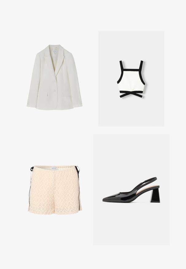 Blazer blanc cintré avec un col cranté, deux poches avant et une fermeture à deux boutons. Tissu lisse avec une texture subtile. Taille 36.; Bralette de sport noir et blanc avec des bretelles réglables, un design ajusté et un dos croisé. Fabriqué dans un matériau extensible et texturé.; Shorts en dentelle pêche avec taille élastique, liens latéraux et motif chevron. Texture douce et coupe ample pour le confort.; Escarpins à talon slingback en vernis noir avec un bout pointu, présentant un talon en bloc géométrique unique et une texture lisse. Bride réglable pour un bon maintien.