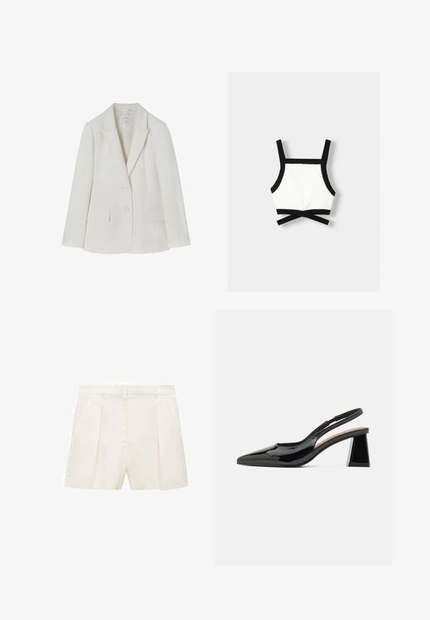 Valkoinen räätälöity bleiseri, jossa on viisto kaulus, kaksi etutaskua ja kaksi nappia. Sujuva kangas, jossa on hieno tekstuuri. Koko 36.; Mustat ja valkoiset urheilubraletit, joissa on säädettävät hihnat, tiukka malli ja ristiselkäyksitys. Valmistettu joustavasta, teksturoidusta materiaalista.; Kermanväriset räätälöidyt shortsit, joissa on laskokset, sileä pinta ja jämäkkä vyötärö. Edessä taskut kummallakin puolella.; Musta keinonahkainen slingback-korkokengät, joissa on terävä kärki, erottuva geometrinen paluukorko ja sileä pinta. Säädettävä hihna tukemiseen.