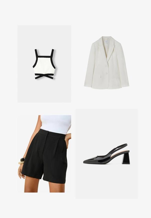 Valkoinen räätälöity bleiseri, jossa on viisto kaulus, kaksi etutaskua ja kaksi nappia. Sujuva kangas, jossa on hieno tekstuuri. Koko 36.; Mustat ja valkoiset urheilubraletit, joissa on säädettävät hihnat, tiukka malli ja ristiselkäyksitys. Valmistettu joustavasta, teksturoidusta materiaalista.; Friends Like These REGULAR FIT - TAILORED ELASTIC BACK - Shortsit - black; Musta keinonahkainen slingback-korkokengät, joissa on terävä kärki, erottuva geometrinen paluukorko ja sileä pinta. Säädettävä hihna tukemiseen.