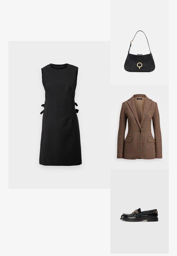 Barna, texturált zakó, halszálka mintával, egy gombos záródással és két elülső zsebbel. Bélelt belső rész, kiképzett gallérral.; Fekete ujjatlan ruha sima anyagból, oldalsó masnikkal, kerek nyakkivágással és szűk derékkal, egyenes szoknyával.; Fekete bőr loaferek fényes felülettel, két arany csattal és alacsony sarkú kialakítással. Sima tapintású, lekerekített orrú dizájn.; Fekete bőr kézitáska ívelt sziluettel, rövid pánttal, középen aranyszínű hardware-rel és sima textúrával. Nincsenek látható minták vagy kiegészítők.